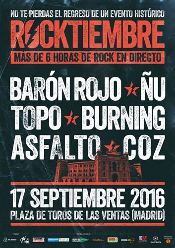 El festival Rocktiembre 2016 incluirá a bandas como Barón Rojo, Ñu, Topo, Burning, Asfalto o Coz